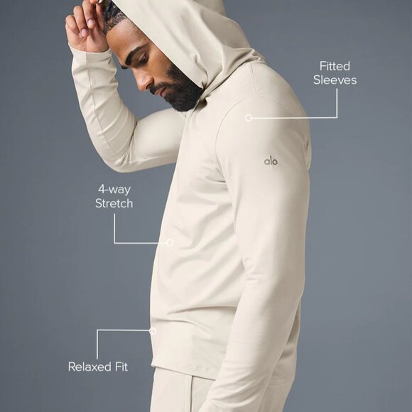 NEW Alo Yoga Men Conquer Reform Long Sleeve With Hood in Bone size L Large - Picture 2 of 3